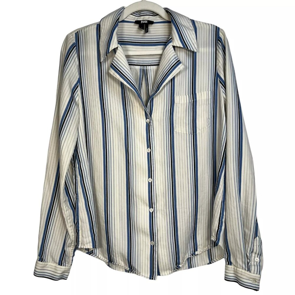 Paige Womens White Dream Blue Striped Notch Lapel Collar Button Up Shirt Size M